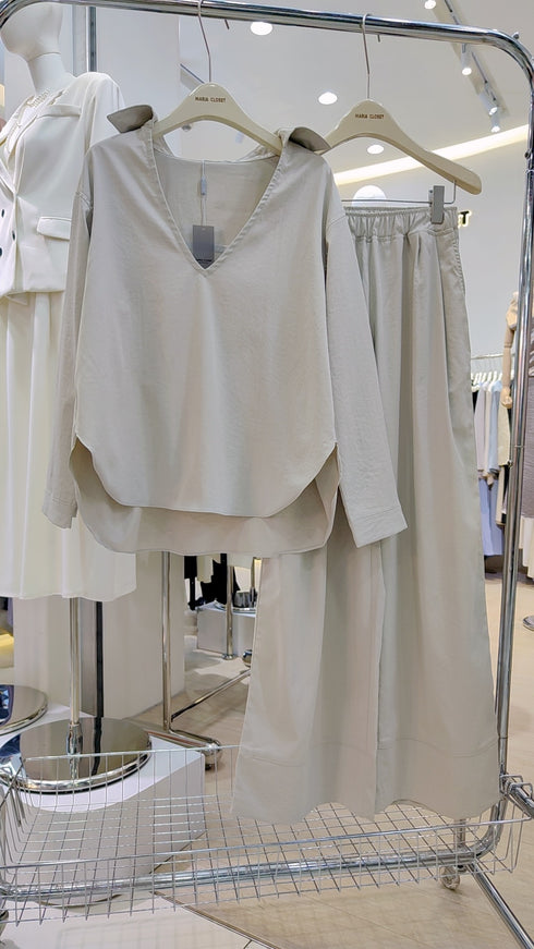 Deep V-Neck Collar Down Pullover with Trousers Sets